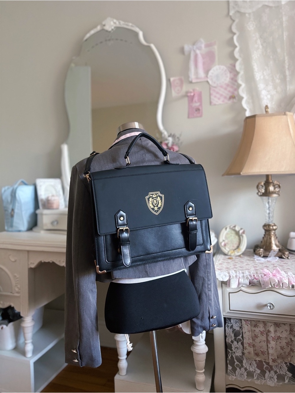 Black Faux Leather Satchel Backpack with Crest Detail